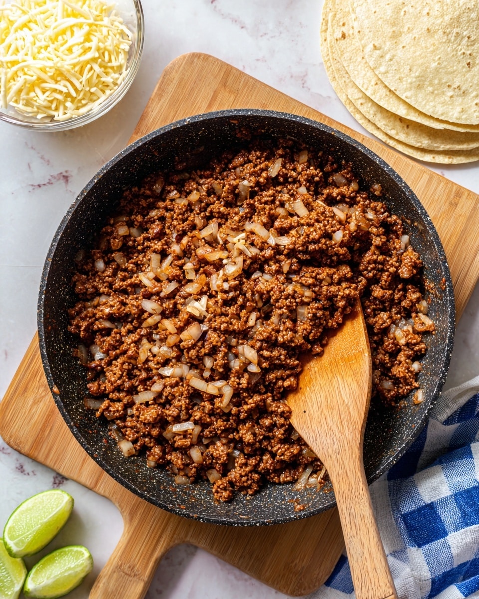 A black pan filled with a mix of cooked, finely crumbled, brown meat and small translucent white onion pieces, stirred with a wooden spatula resting inside; the pan sits on a light brown wooden board with a few green lime wedges and a small clear bowl of shredded yellow and white cheese nearby on a white marbled surface, along with a stack of corn tortillas and a blue and white checkered cloth partially visible; photo taken with an iphone --ar 4:5 --v 7
