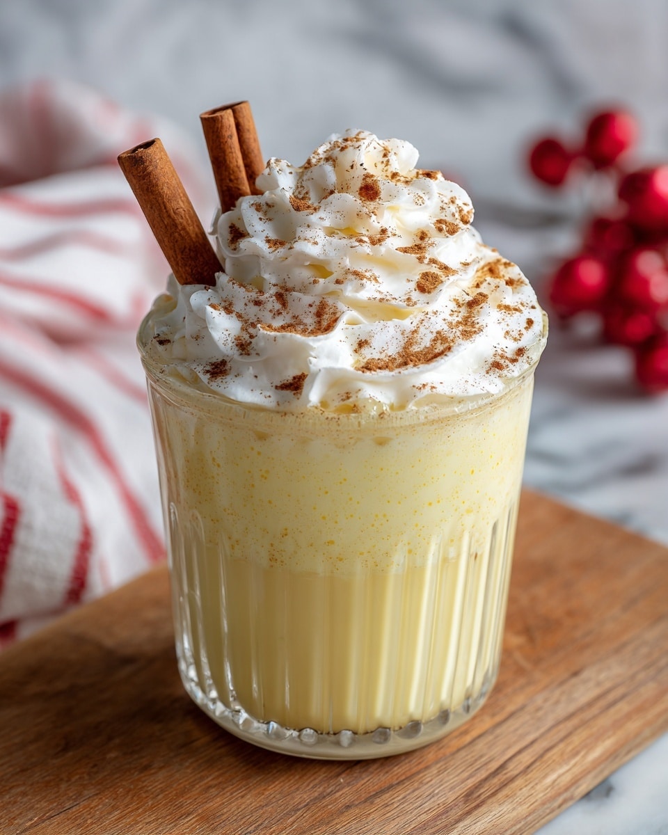 This image shows a glass filled with a creamy yellow drink topped with a thick layer of white whipped cream. The whipped cream is swirled and sprinkled with a mix of brown spices, giving a textured look on top. Two cinnamon sticks stand upright in the whipped cream at the back of the glass. The glass has vertical ridges and rests on a wooden surface with a white marbled texture visible around it. In the background, a white and red striped cloth and blurred red objects can be seen. photo taken with an iphone --ar 4:5 --v 7