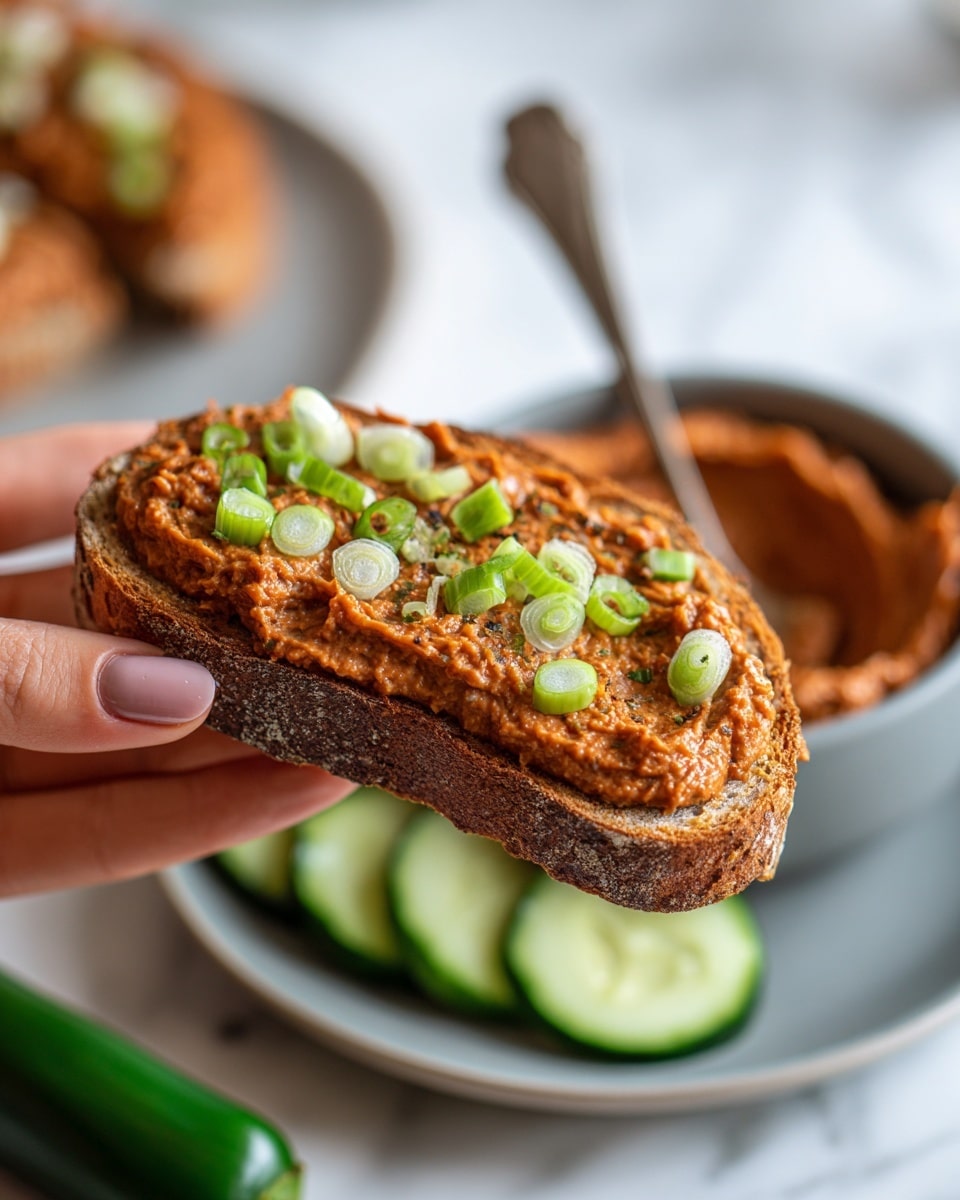 A woman's hand holding a slice of light brown toasted bread topped with a thick, smooth reddish-brown spread, garnished with thinly sliced green onions scattered across the surface. In the blurred background, there is a grey bowl filled with the same reddish-brown spread and a silver spoon resting inside it. Around the bowl, blurred slices of green cucumber and a whole green chili pepper lay on a white marbled surface. Photo taken with an iphone --ar 4:5 --v 7
