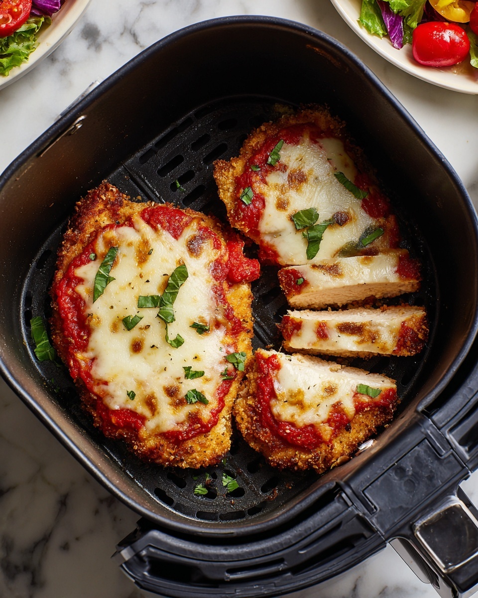 Inside a black air fryer basket, there are two pieces of crispy breaded chicken topped with a red tomato sauce layer and melted golden-yellow cheese. One piece is whole on the left, while the other piece on the right is sliced into three thick sections showing the juicy light pink inside. Small green herb leaves are scattered on top of the cheese, adding a fresh touch. The background is a white marbled surface with parts of white plates and a bowl with colorful salad visible on the edges. photo taken with an iphone --ar 4:5 --v 7