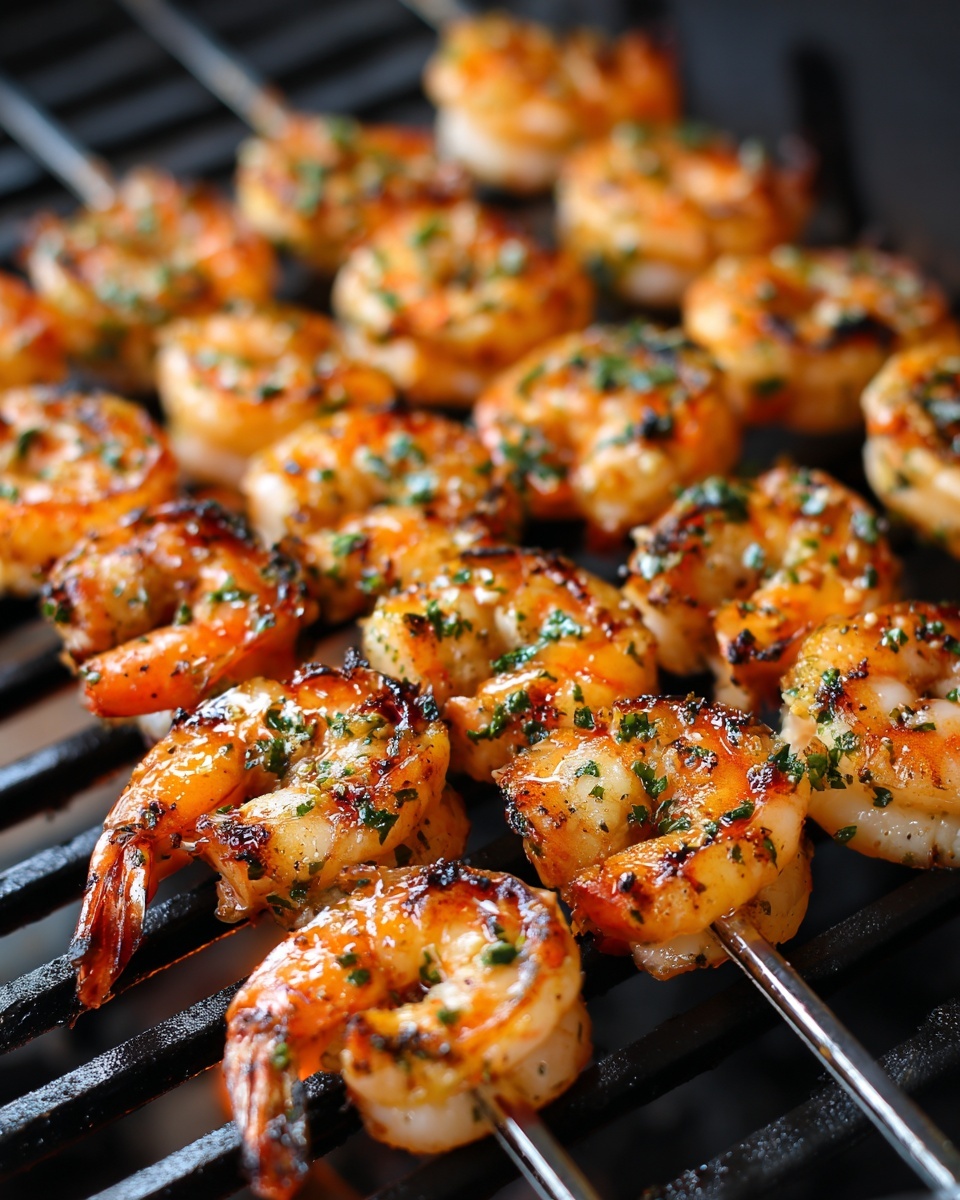 Several skewers with grilled shrimp are shown, each skewer holding about five to six shrimp. The shrimp are cooked to a light orange-pink color with some char marks and small green herb bits sprinkled all over. The shrimp are curled and placed evenly on metal skewers, lying on black grill grates. The cooking grill has a shiny, hot look with slight charring and use marks visible. The overall scene is close-up, showing the texture and slight glossiness of the shrimp. Photo taken with an iphone --ar 4:5 --v 7