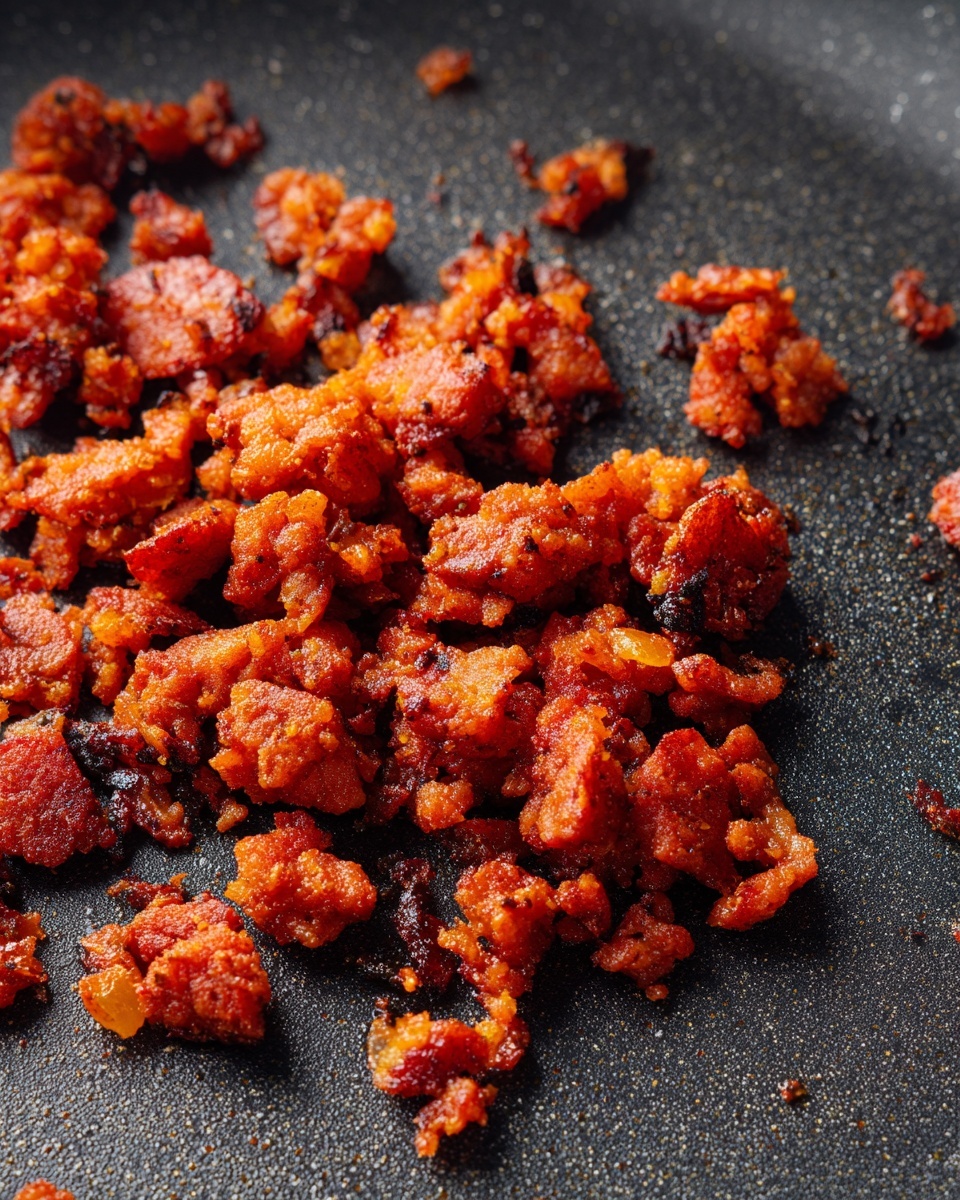 The image shows a close-up of a non-stick frying pan with scattered cooked reddish-brown chunks of ground meat. The meat pieces are uneven in size and spread across the textured dark gray surface of the pan, with some parts showing a slightly crispy texture. The pan takes up the entire frame with no other items visible, and the background is a white marbled texture. photo taken with an iphone --ar 4:5 --v 7