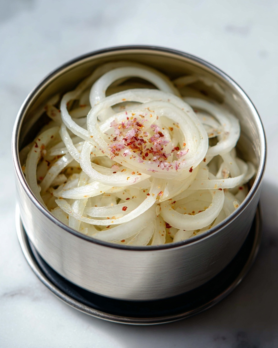Inside a shiny metal bowl, there is one main layer of thin, white onion rings piled up, showing their translucent texture. On top of the onions, there is a small sprinkle of pink salt or spice, adding a touch of color. The bowl is placed on a white marbled surface, and part of the black lid of the bowl is visible at the bottom left corner. The whole image has soft, natural lighting that highlights the delicate rings and the slight moisture on them photo taken with an iphone --ar 4:5 --v 7