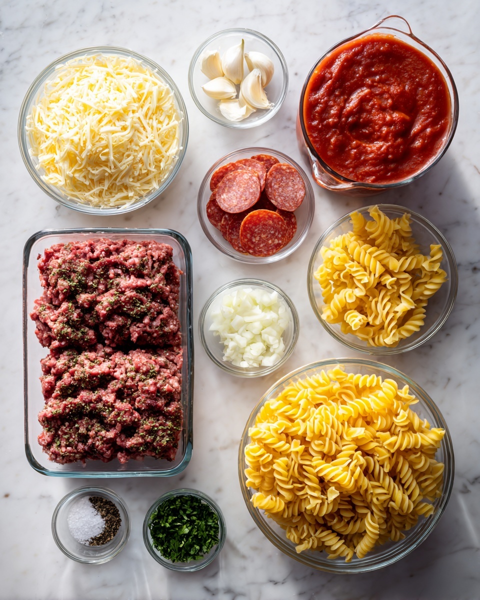 The image shows an overhead view of various clear glass bowls and a container with uncooked cooking ingredients placed on a white marbled surface. Starting from the top left, there is a bowl filled with shredded pale yellow cheese, next to it on the right is a measuring cup full of thick red tomato sauce. Below the sauce, there is a rectangular container with two types of raw ground meat, one dark red and the other speckled with herbs and spices. To the right of the meat, a small cup holds several slices of reddish-orange pepperoni. On the lower right side, a large bowl contains uncooked yellow spiral pasta. Scattered around these main items are smaller bowls with chopped white onions, minced garlic, green herbs, and a small dish with black pepper and white salt. The setup looks ready for cooking, all ingredients clean and well-arranged. photo taken with an iphone --ar 4:5 --v 7