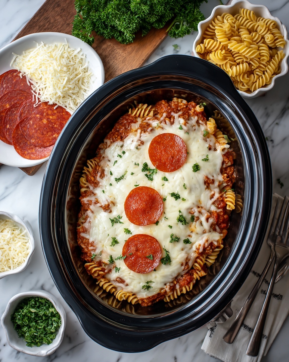 A black oval slow cooker dish filled with one layer of cooked pasta mixed with meaty tomato sauce, covered by a thick layer of melted white cheese that looks soft and stringy, topped in the middle with three round slices of bright red pepperoni and sprinkled with small pieces of fresh green parsley. The slow cooker sits on a white marbled surface surrounded by a bunch of fresh green parsley on a wooden board, a small white bowl of chopped parsley, a white scalloped plate with a pile of white grated cheese, a white scalloped plate holding slices of pepperoni, a small wooden bowl filled with uncooked yellow spiral pasta, and a white plate with a fork and knife on the bottom right corner. Photo taken with an iphone --ar 4:5 --v 7