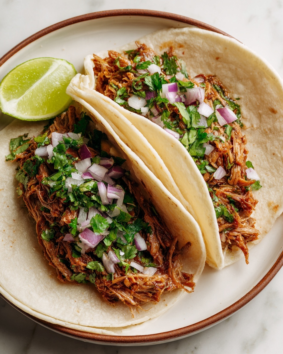 Two soft white corn tortillas lie side by side on a white plate with a brown rim, placed on a white marbled surface. Each tortilla is folded slightly, revealing a filling of shredded brown meat mixed with finely chopped green cilantro and small squares of purple onion. A wedge of green lime is placed between the two tortillas, adding a fresh pop of color to the dish. The overall image shows a close-up view, focusing on the fresh and colorful ingredients layered inside the tortillas. Photo taken with an iphone --ar 4:5 --v 7