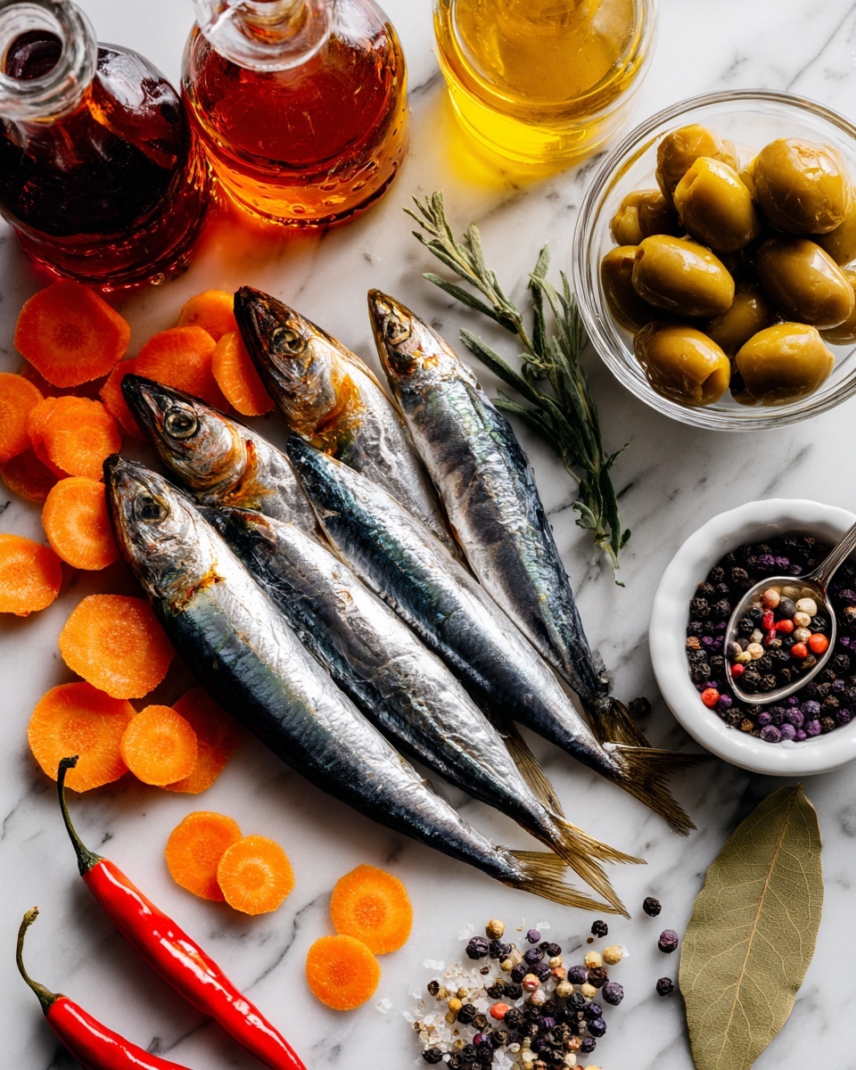 Seven silver sardines lie on a white marbled surface, arranged slightly overlapping each other with their shiny, smooth skin reflecting light. Around them, there are bright orange carrot slices shaped like flowers scattered mainly on the lower left and right sides. Two red chili peppers rest close together near the bottom left corner. At the top right, a clear glass bowl holds green olives, and a small white bowl with a spoon contains a mix of black and white peppercorns. A bay leaf lies near the carrots on the right side, and a few loose black peppercorns are scattered nearby. Two glass bottles, one with red liquid and one with olive oil, stand blurred in the background on the left side. Photo taken with an iphone --ar 4:5 --v 7