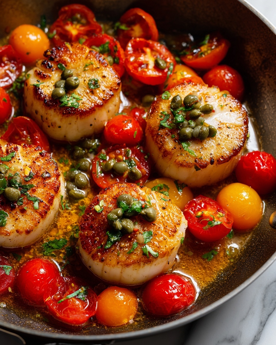The image shows a close-up of a cooking pan with four large, round scallops. Each scallop is golden brown on top with visible seasoning and is topped with green capers and small green herb leaves. Around the scallops, there are bright red and orange cherry tomatoes, some whole and some halved, scattered evenly in the pan. The scallops and tomatoes sit in a shiny, light brown sauce that gives a warm, glossy look to the scene. The pan itself has a dark interior and is set on a white marbled texture surface. photo taken with an iphone --ar 4:5 --v 7