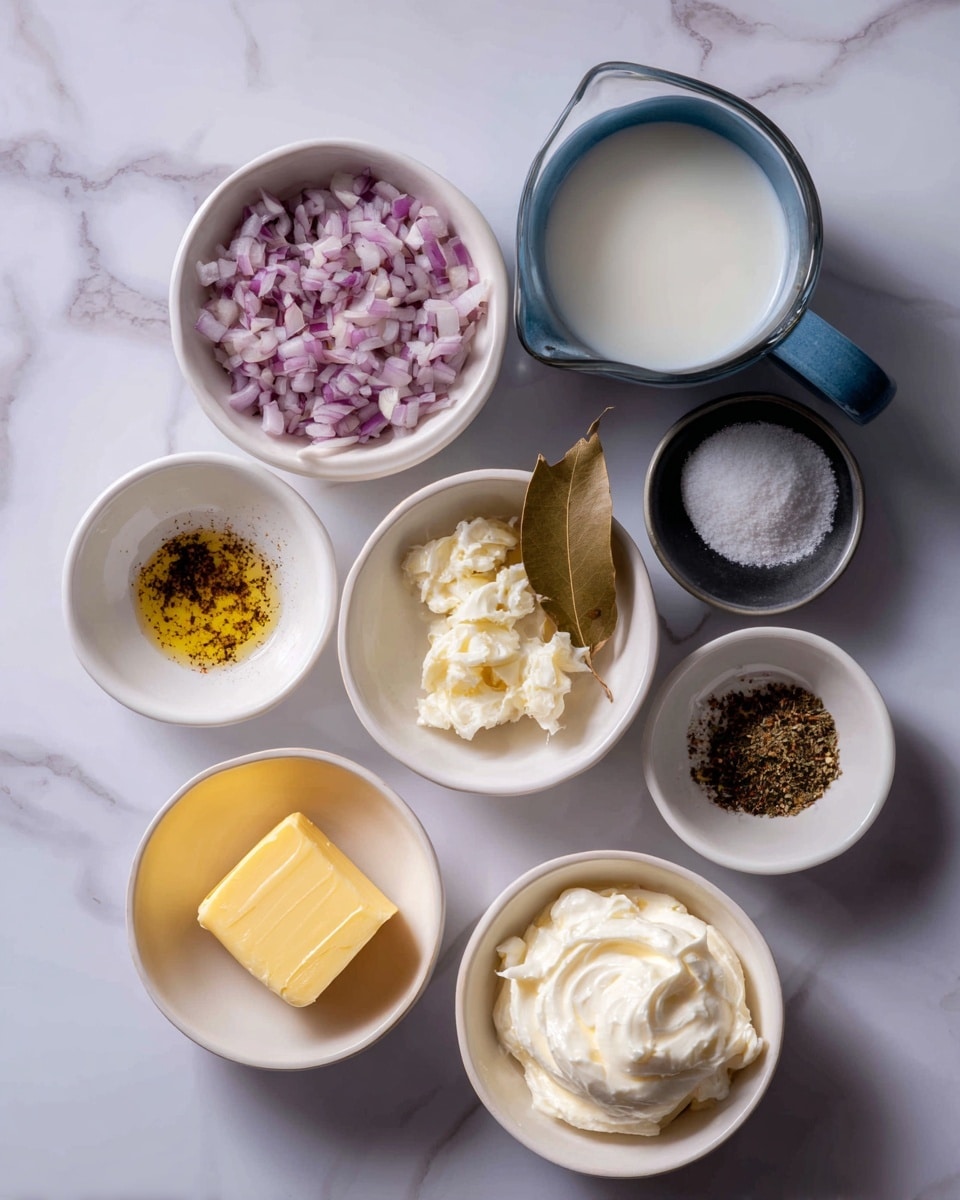 The image shows nine white bowls arranged on a white marbled surface, each holding different cooking ingredients. From front to back, the front row has a small bowl with yellow butter, a bowl with a light brown dried bay leaf, and a larger bowl with a thick white creamy substance. Behind these, there is a bowl with finely chopped red onions, a small bowl with minced white garlic, and two smaller bowls with black pepper and a brown spice. In the back row, there is a large bowl filled with white liquid, and a blue measuring cup placed next to it. The overall look is clean and organized, with a dark blurred background. Photo taken with an iphone --ar 4:5 --v 7