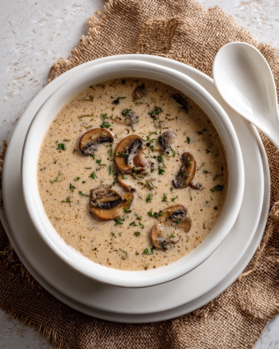 A white bowl filled with creamy light beige mushroom soup, showing pieces of sliced mushrooms scattered evenly throughout the thick, smooth soup, garnished with small green herb bits on top. The bowl sits on a white plate, placed on a square piece of coarse woven burlap fabric, all set against a white marbled textured surface. To the upper right of the bowl, a white ceramic spoon rests on the burlap. The photo is taken with an iphone --ar 4:5 --v 7