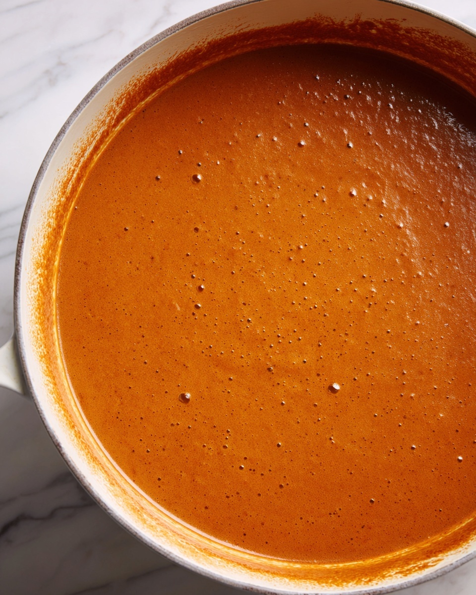 A close-up view of a large pot filled with a smooth, thick orange-brown liquid that appears to be a sauce or soup. The liquid has a slightly glossy surface with small bubbles and specks evenly spread across it, giving it a textured look. The pot's edges show bits of residue, hinting at a recently cooked or simmered dish. The background is a white marbled texture. photo taken with an iphone --ar 4:5 --v 7