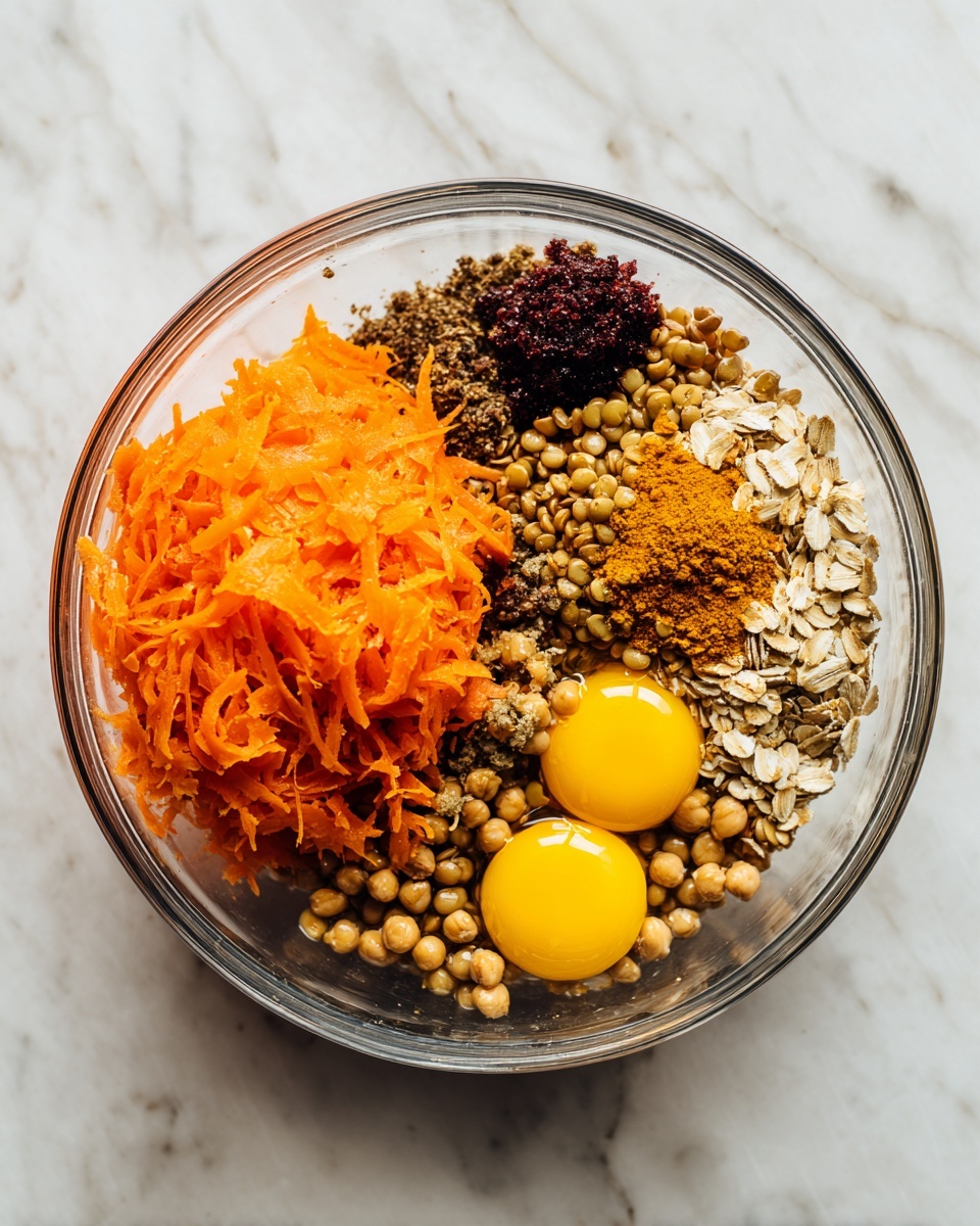 The image shows two clear glass mixing bowls on a white marbled surface. The left bowl contains finely shredded bright orange carrots with a slightly moist texture, piled loosely inside. The right bowl holds a mix of ingredients layered side by side: two raw yellow egg yolks, a pile of dark brown lentils, beige chickpeas, light beige rolled oats, a heap of dark brown spices, and a splash of deep red paste, all clearly visible as separate elements before mixing. The bowls have a smooth, round shape and the colors and textures stand out vividly against the white marbled background. photo taken with an iphone --ar 4:5 --v 7