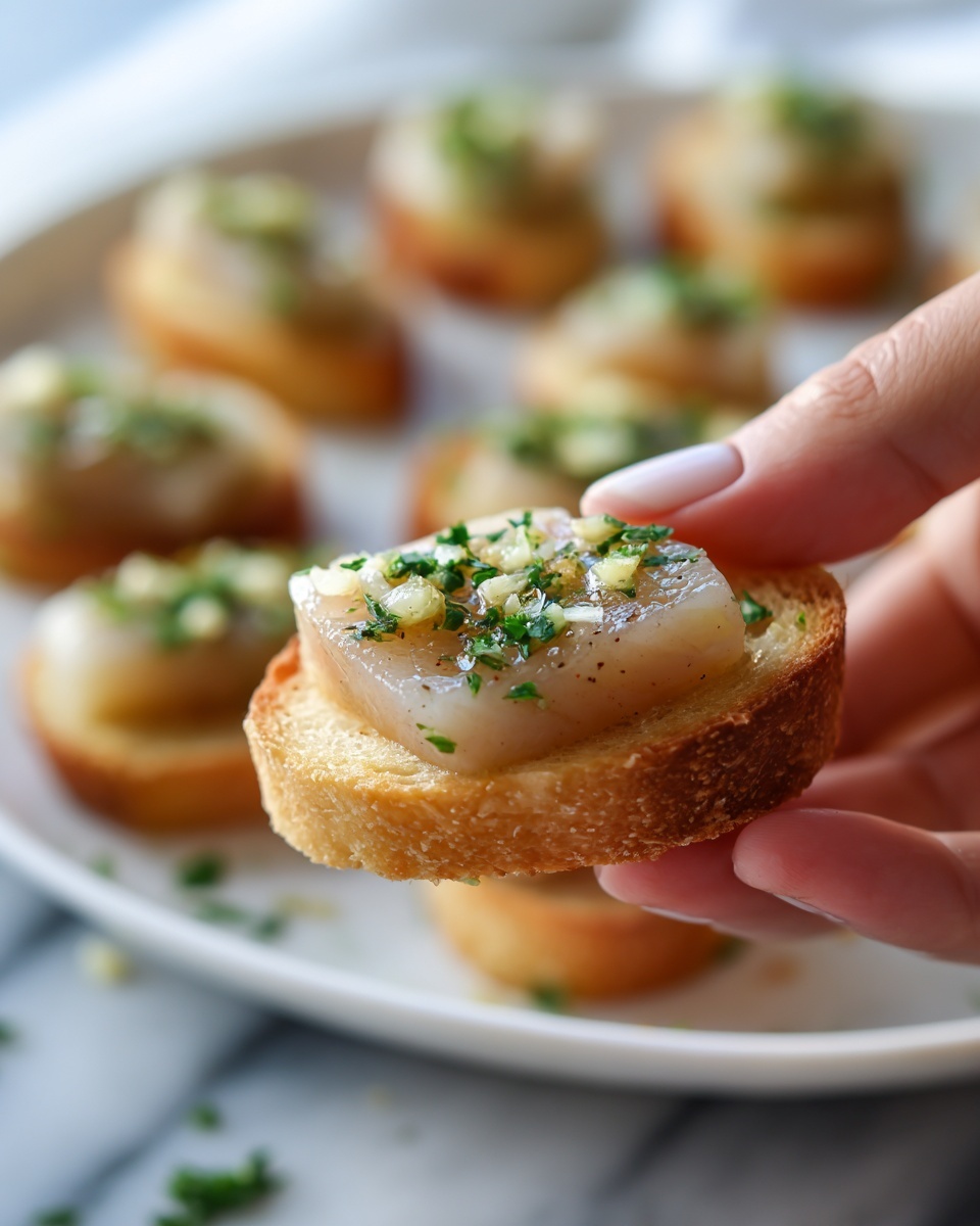 A close-up view showing a woman's hand holding a small, round, toasted bread slice as the base layer, topped with a smooth, translucent grey fish fillet laid flat across it, sprinkled with finely chopped light beige garlic and green parsley pieces. In the blurred background, a white plate with more of these bread-fish-garlic parcels is arranged in a circle over a white marbled surface. Photo taken with an iphone --ar 4:5 --v 7