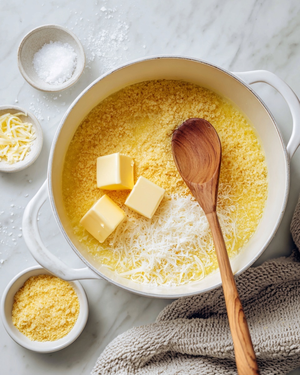 A close-up top view of a white pot with a yellowish mixture inside that has a grainy texture. There are three small blocks of melting yellow butter on the right side of the pot, and some grated cheese sprinkled over the middle. A wooden spoon is stirring the mixture on the left side of the pot. The pot is placed on a white marbled surface with a light gray knitted cloth on the left and small white bowls with yellow butter and salt around the pot. Photo taken with an iphone --ar 4:5 --v 7