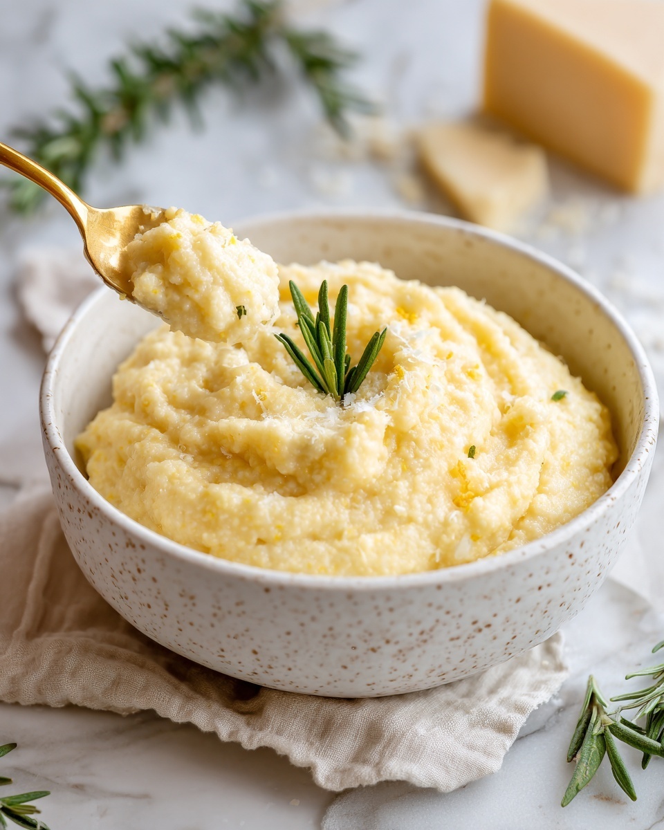 A white speckled bowl filled with a creamy, pale yellow polenta with a smooth yet slightly grainy texture, topped with a small green rosemary sprig in the center. A gold spoon lifts a portion of the polenta, showing its thick, soft consistency with bits of herbs. The bowl rests on a white marbled surface with a blurred rosemary sprig and textured cloth in the background, along with a light yellow block of cheese in the foreground. photo taken with an iphone --ar 4:5 --v 7
