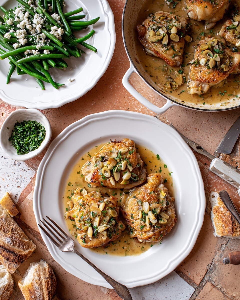 A white round plate holds three golden-brown cooked chicken thighs topped with thin, light beige slices of garlic and green herb sprinkles. To the left on the plate, there is a vertical stack of bright green beans garnished with white crumbles and dark olive pieces. A fork rests on the bottom right side of the plate. Nearby, another white round plate holds three chicken thighs similarly cooked with garlic slices and herbs, with a fork placed on the left. Above, a white enamel skillet contains cooked chicken thighs in light brown sauce. A small white bowl filled with finely chopped green herbs sits next to the skillet. A long white bowl on the left side contains green beans with white crumbles and dark olive pieces. Pieces of crusty bread with a rough texture lie on a white marbled surface with a knife resting beside them. The whole scene is set on terracotta tile. Photo taken with an iphone --ar 4:5 --v 7