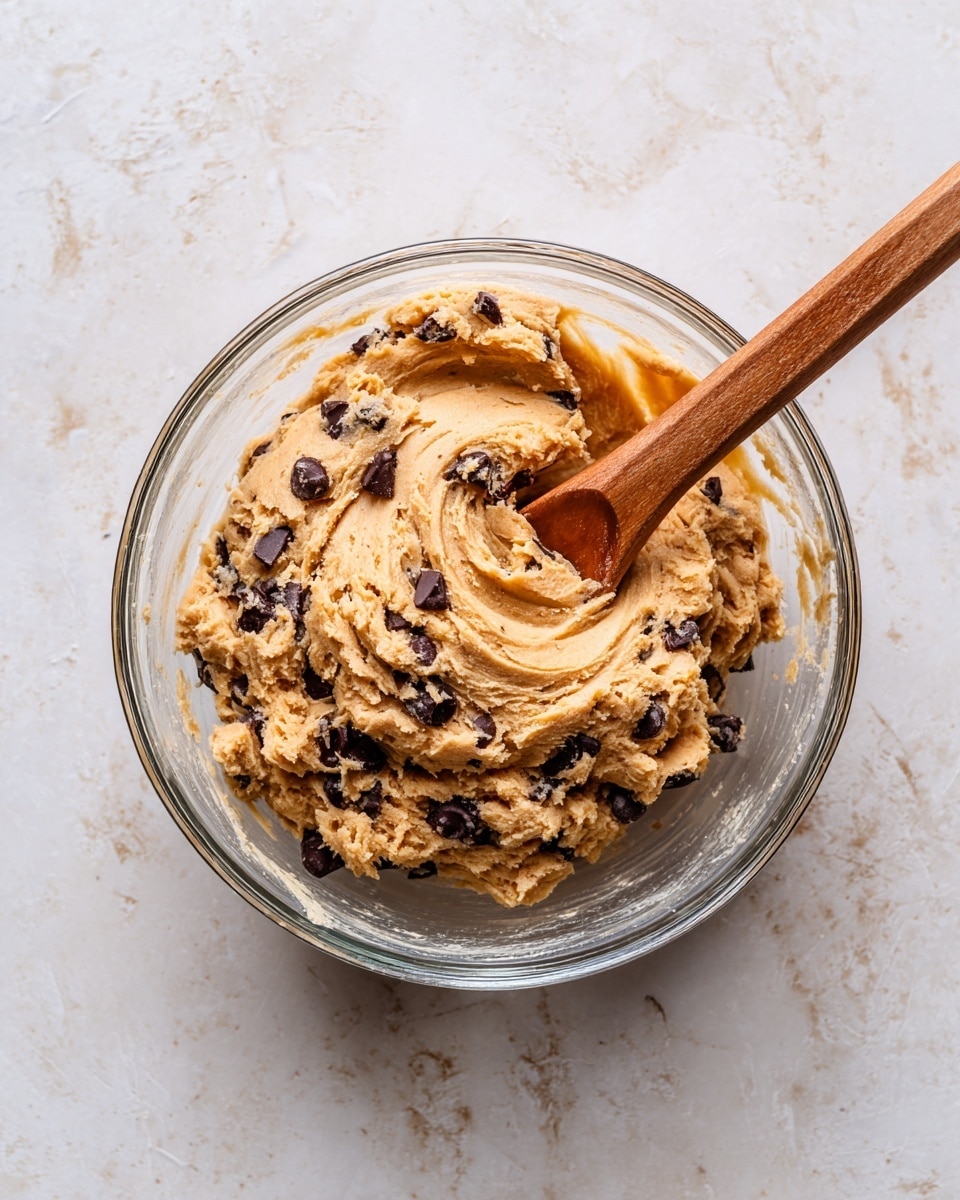 The image shows a clear glass bowl filled with thick, light brown cookie dough mixed with small dark chocolate chunks evenly spread throughout. A wooden spoon with a smooth texture is partially dipped into the dough, resting inside the bowl. The bowl is placed on a white marbled surface with subtle veins and a textured appearance. The dough has a glossy, soft look with visible swirls from mixing. Photo taken with an iphone --ar 4:5 --v 7