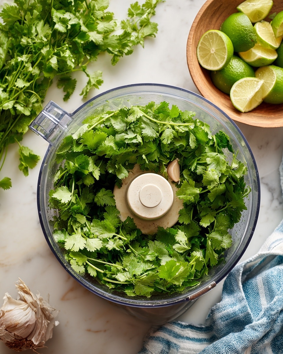 A clear food processor bowl filled with bright green fresh cilantro leaves with light green stems on top; underneath, a white garlic clove rests in a light brown liquid. The food processor sits on a white marbled surface, next to a beige wooden bowl holding sliced green limes, and a blue and white striped cloth is placed to the right side. Photo taken with an iphone --ar 4:5 --v 7