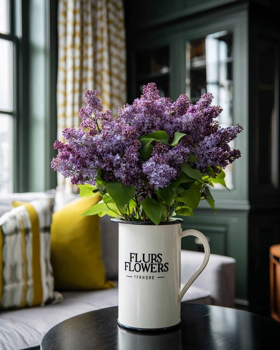 A large bouquet of purple lilac flowers with green leaves is placed inside a white metal pitcher with the black text