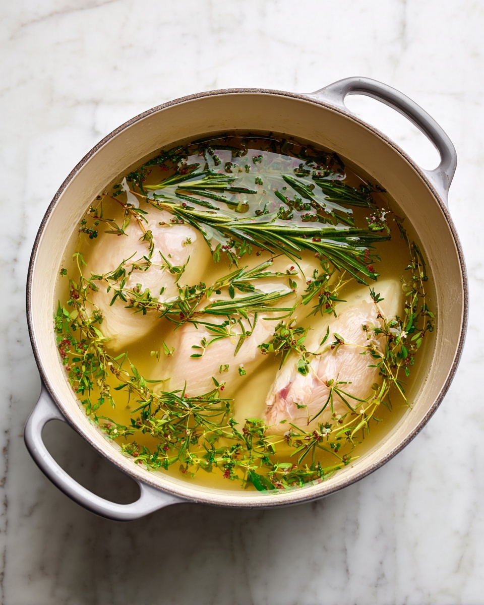 A large white pot with grey handles sits on a white marbled surface, filled with a clear broth that has small green herbs floating all over it. Two pieces of raw, pale pink chicken lie deep inside the broth, partially covered by the liquid and herbs. The inside of the pot is clean and light-colored, showing the contrast of the chicken and herbs clearly. Photo taken with an iphone --ar 4:5 --v 7