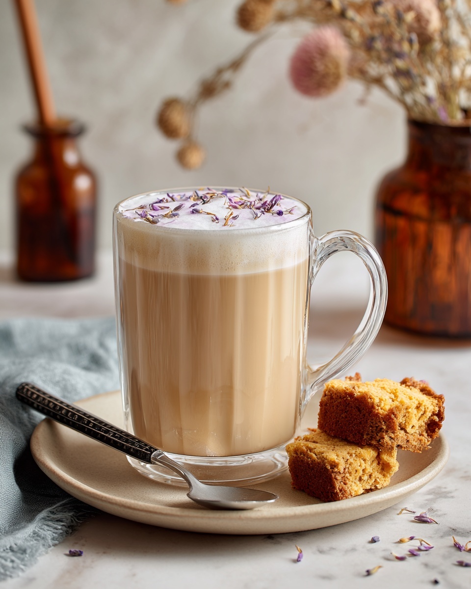 A clear glass mug holds a light beige creamy drink topped with a layer of smooth foam that has small purple flower petals sprinkled on one side. The mug sits on a pale beige plate with two pieces of brown and white crumbly cake resting beside it. A small silver spoon with a black and white handle lies on the plate near the mug. The setting is on a white marbled surface with a soft blue cloth partially visible. In the background, there is a blurred dark amber glass vase with dried plants and a glass jar with a wooden dipper inside. Photo taken with an iphone --ar 4:5 --v 7