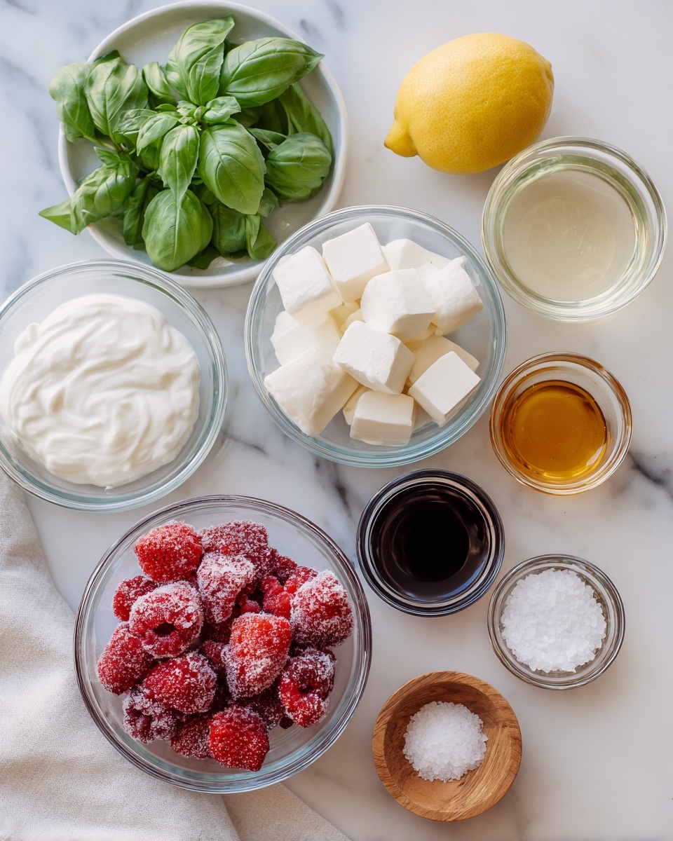 The image shows several clear glass bowls arranged on a white marbled surface. In the center, there is one bowl full of frozen strawberries covered with frost. Above it slightly to the right, there is a bowl with white cubed cheese pieces. To the left of the frozen strawberries is a bowl with white creamy yogurt. At the top left corner, there is a small white plate with fresh green basil leaves. Near the top center is a glass bowl holding a whole yellow lemon. Below the lemon and cheese bowls, two smaller clear glass bowls hold dark balsamic vinegar and golden honey. In the bottom right corner, there is a small wooden bowl with coarse white salt. A white cloth is partly visible at the bottom left corner. The scene is bright and clean. photo taken with an iphone --ar 4:5 --v 7