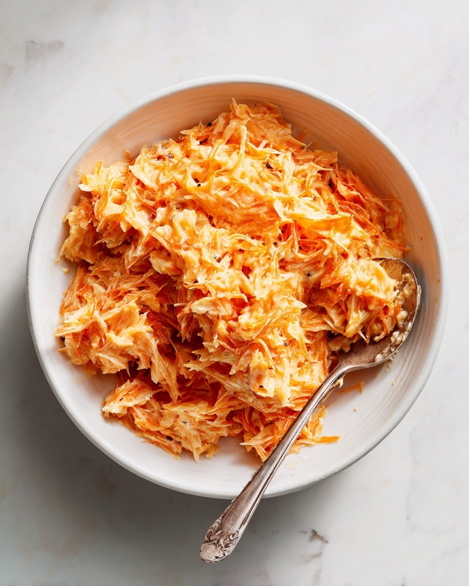 In the image, there is a white bowl filled with a creamy, orange-colored shredded mixture that has a slightly glossy texture. The mixture appears thick and chunky, with visible thin strands or shreds throughout, and is evenly coated in a smooth sauce that has a pale orange hue with darker specks, likely seasoning. Inside the bowl, a silver spoon is partially submerged in the mixture towards the right side, with some of the mixture clinging to it, showing a close-up of the texture. The bowl sits on a white marbled surface that brightens the scene with soft, natural light. photo taken with an iphone --ar 4:5 --v 7