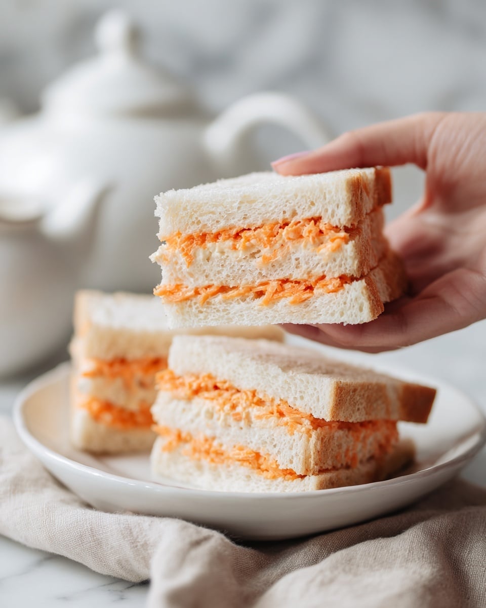A close-up of a woman's hand holding a small sandwich made of two layers of soft white bread with a thin middle layer of orange filling that looks like shredded carrots or similar. Behind it, on a white plate, are two more identical sandwiches. The plate sits on a white marbled surface with a white teapot and a beige cloth blurred in the background. The overall image has a bright and clean look with soft lighting highlighting the texture of the bread and filling. photo taken with an iphone --ar 4:5 --v 7