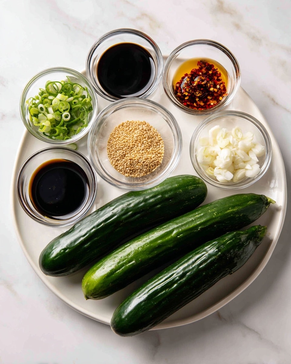 There is a white plate with seven small clear glass bowls arranged on it, each filled with different ingredients: dark soy sauce, a chili oil mixture with red flecks, a light brown sauce, minced garlic, white salt, clear vinegar, and light brown sesame seeds. To the left of the plate, a small clear glass bowl holds chopped green onions. Below all this, six fresh, dark green cucumbers are laid out on a white marbled surface. The image shows a clean and organized arrangement with bright natural light, emphasizing the texture and color of each ingredient. photo taken with an iphone --ar 4:5 --v 7