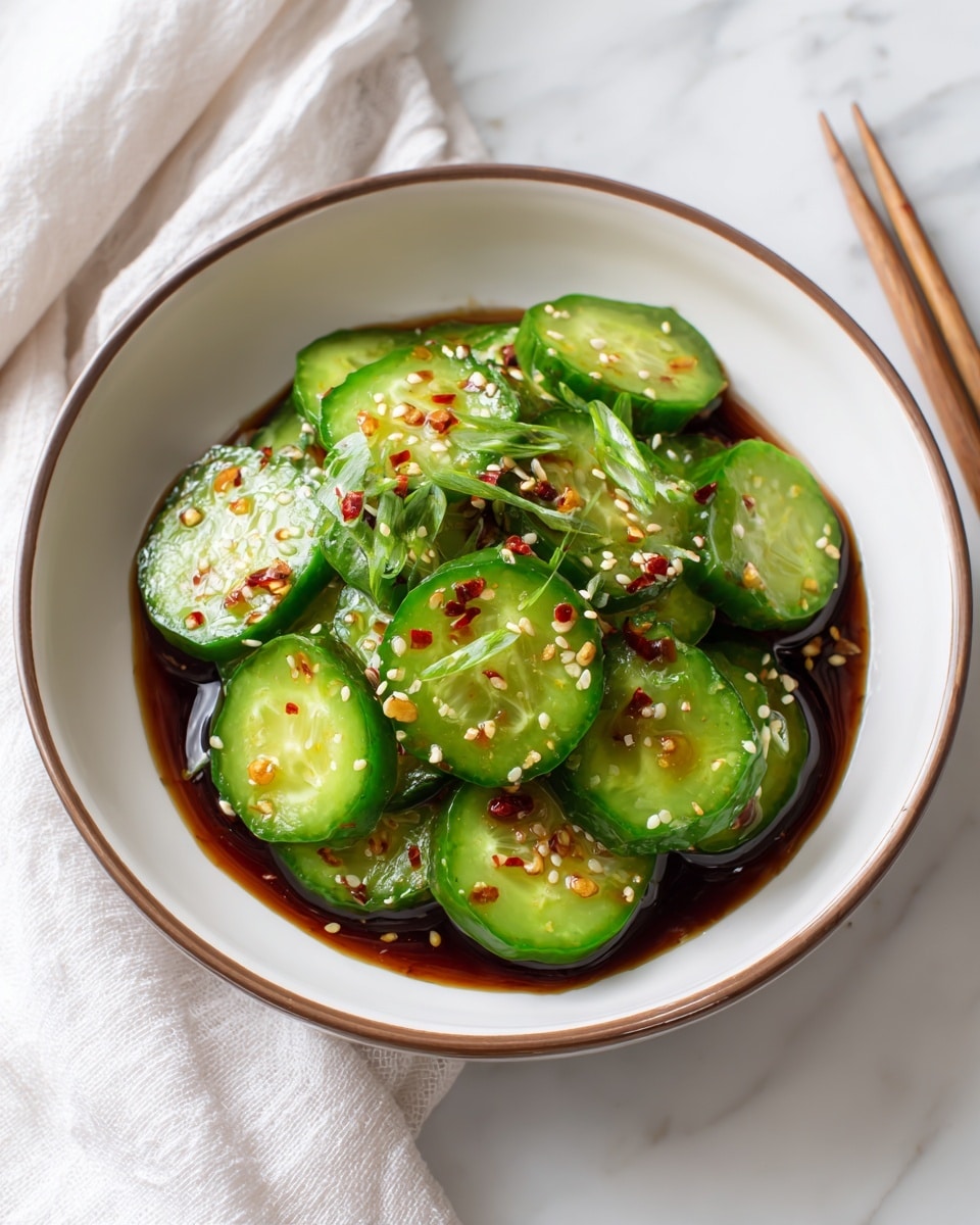 A white bowl with a thin brown rim holds sliced cucumbers arranged in layers, each slice showing a bright green color and fresh, moist texture. The cucumbers are covered in a glossy dark sauce that pools at the bottom of the bowl. On top, there are scattered sesame seeds and small flakes of red chili and bits of garlic, adding texture and color contrast. The bowl sits on a white marbled surface with a white cloth and silver chopsticks placed nearby. The composition is clean and fresh, focusing on the vibrant green cucumbers and the dark, spicy sauce. Photo taken with an iphone --ar 4:5 --v 7