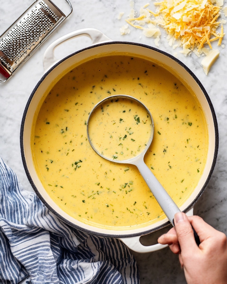 A large white pot filled with a thick, creamy yellow soup that has a smooth texture with tiny specks of green herbs mixed throughout. A metal ladle with a light gray handle is scooping the soup, held by a woman's hand in the bottom right corner. Around the pot is a white marbled surface with scattered bits of grated cheese near a metal grater with a black and red handle. A folded, striped blue and white cloth is placed under the pot on the left side. Photo taken with an iphone --ar 4:5 --v 7