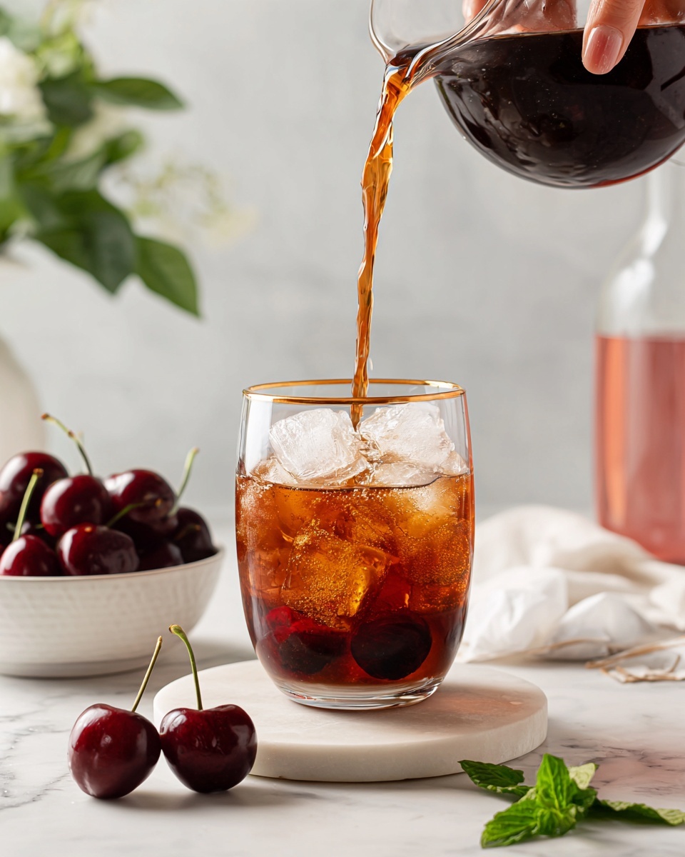 A clear glass filled with ice cubes and dark amber liquid is being poured from a round glass pitcher held by a woman's hand above it, with some cherry halves visible at the bottom of the glass. The glass sits on a white coaster on a white marbled surface. Nearby, two light red cherries with stems lie in the foreground, while a white bowl filled with dark red cherries and a tall clear bottle with a pink liquid sit in the blurred white marbled background, along with a green mint leaf and a pair of white tea bags resting on the surface. Photo taken with an iphone --ar 4:5 --v 7