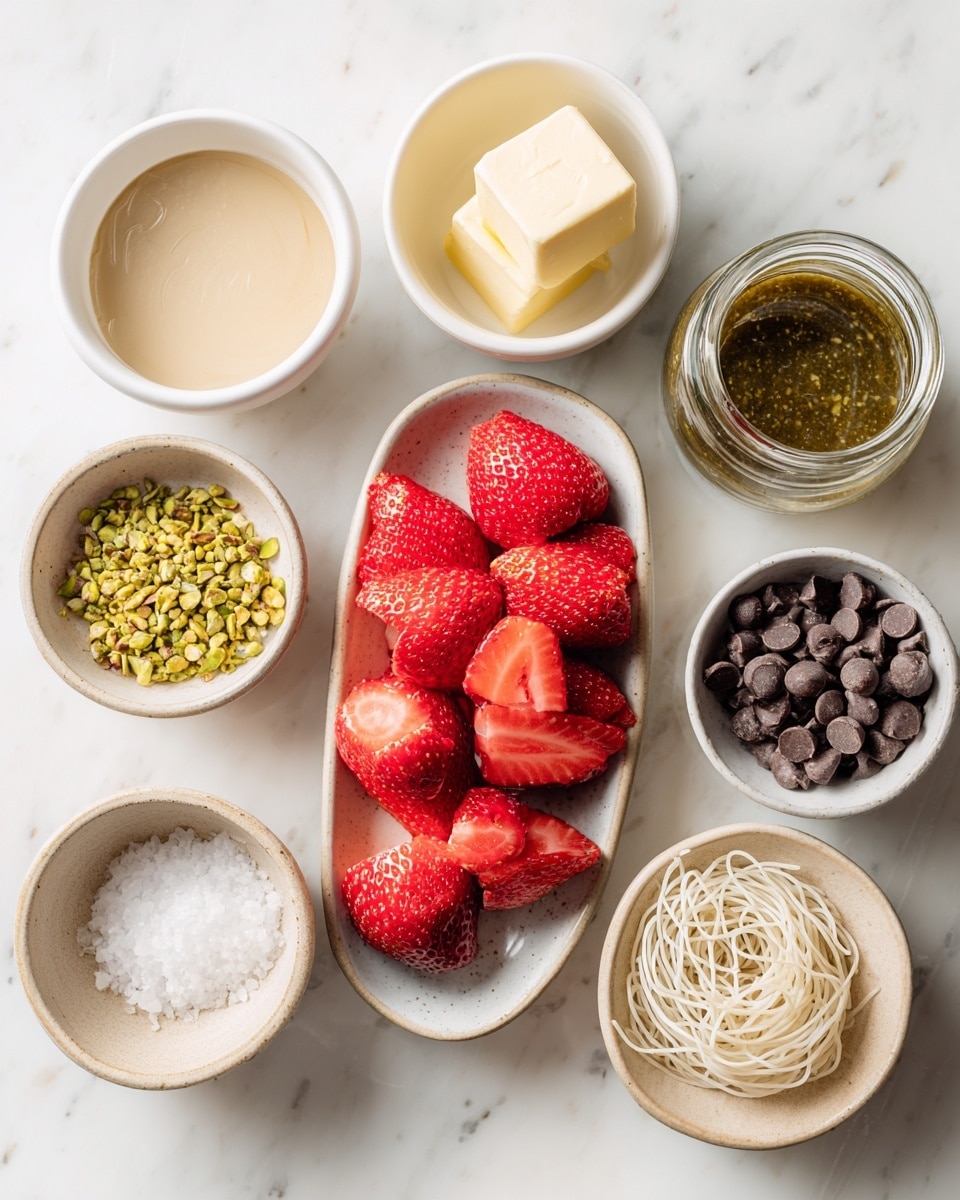The image shows an overhead view of several small white bowls and one beige oval dish arranged on a white marbled surface. The oval dish in the center is filled with bright red, halved strawberries, showing their fresh, juicy texture. To the top left is a white bowl with a light tan creamy substance, and below it, another white bowl holds two small cubes of pale yellow butter. Near the bottom left, a white bowl contains finely crushed green nuts, likely pistachios. In the middle bottom, a tiny white bowl contains a small amount of white granulated salt. To the lower right, a beige bowl is filled with thin, pale noodle-like strands that have a delicate texture. To the top right, a glass jar holds a green sauce or dressing, and next to it, another white bowl is filled with dark brown chocolate chips. The composition is clean and colorful, with the bowls and dish spaced evenly on the white marbled surface. Photo taken with an iphone --ar 4:5 --v 7