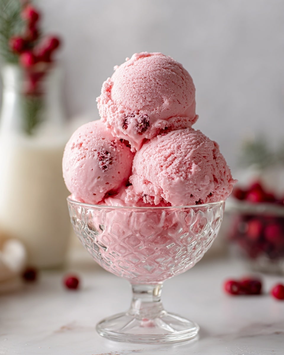 The image shows three scoops of creamy, pink strawberry ice cream stacked in a clear, textured glass dessert dish with a stem. The ice cream has a smooth but slightly rough texture with bits of strawberry visible inside. In the background, blurred elements like a glass bottle with milk and red berries add color, with the whole setting placed on a white marbled surface. The bright pink ice cream stands out against the soft, light colors around it. photo taken with an iphone --ar 4:5 --v 7