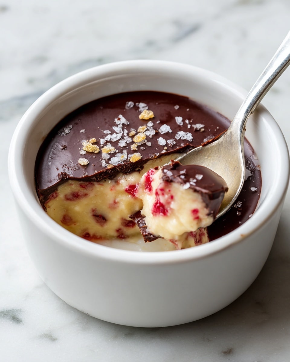 A white bowl holds a dessert with three visible layers: the top layer is a smooth, dark chocolate shell with a few grains of salt sprinkled on it, some of which is broken to reveal the creamy inside. Beneath the chocolate is a creamy, light beige layer mixed with red pieces, giving it some bright spots, and the bottom part appears soft and pudding-like with similar beige and red tones. A silver spoon is digging into the dessert from the right side. The bowl sits on a white marbled surface. Photo taken with an iphone --ar 4:5 --v 7
