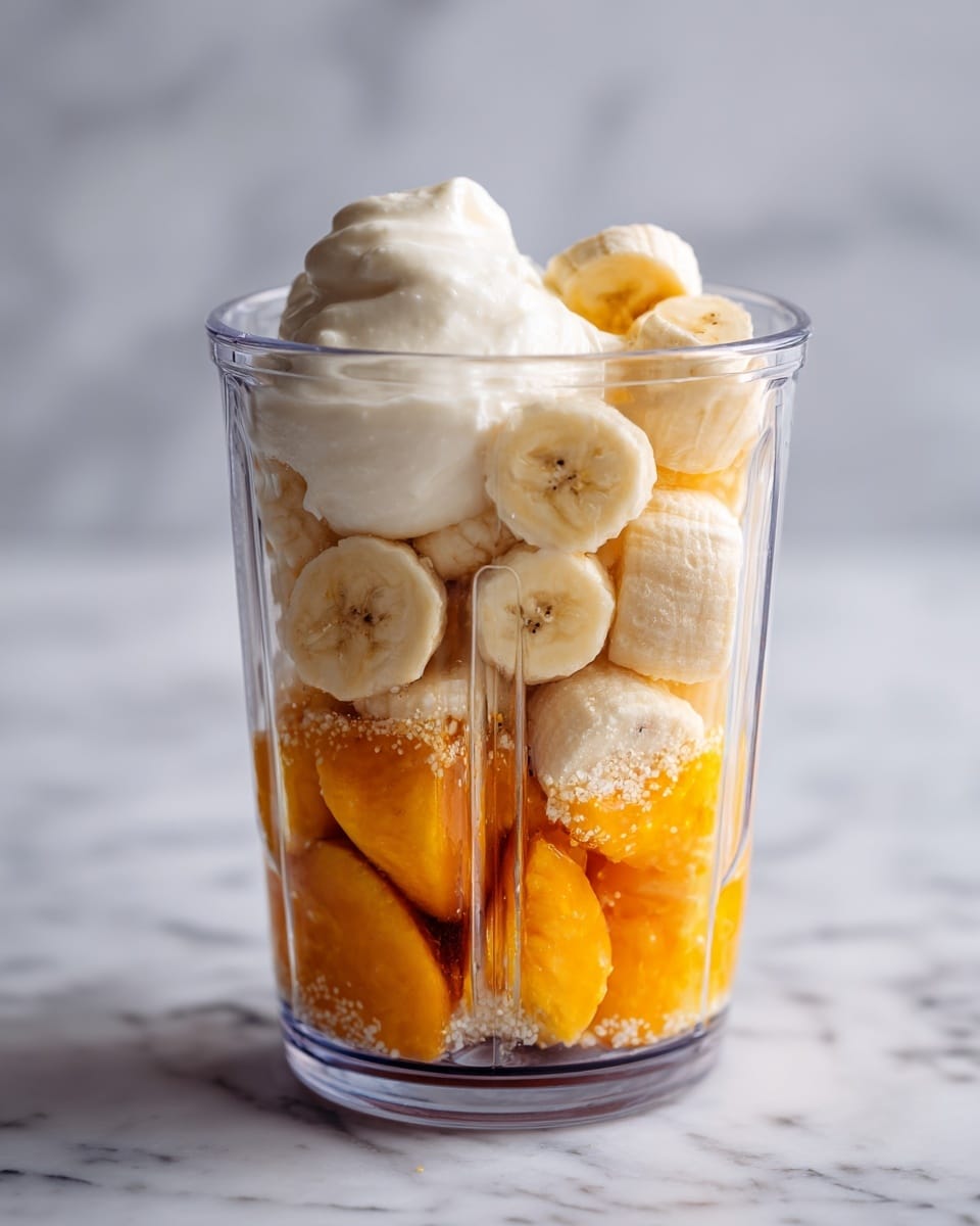 A clear blender cup filled with three visible layers: at the bottom, slices of orange peach with a slightly frozen texture; above that, small whole frozen bananas with a pale yellow color; and on top, a thick dollop of creamy white yogurt with smooth texture and some tiny vanilla specks, all set on a white marbled surface photo taken with an iphone --ar 4:5 --v 7