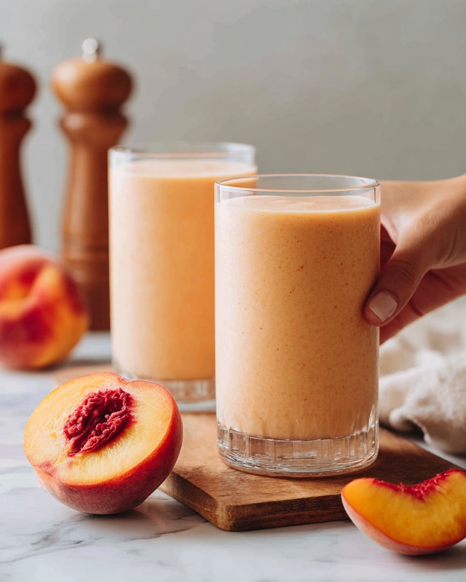 Two clear glass cups filled with a creamy light peach-colored smoothie are placed on a wooden board on a white marbled surface. One cup is being held by a woman's hand on the right side, while the other cup stands empty on the left. In the foreground, a halved peach with bright orange and deep red colors sits to the right of the wooden board. The background is softly blurred, showing a peach and two wooden pepper grinders. The overall look is clean and fresh, with soft natural light. photo taken with an iphone --ar 4:5 --v 7