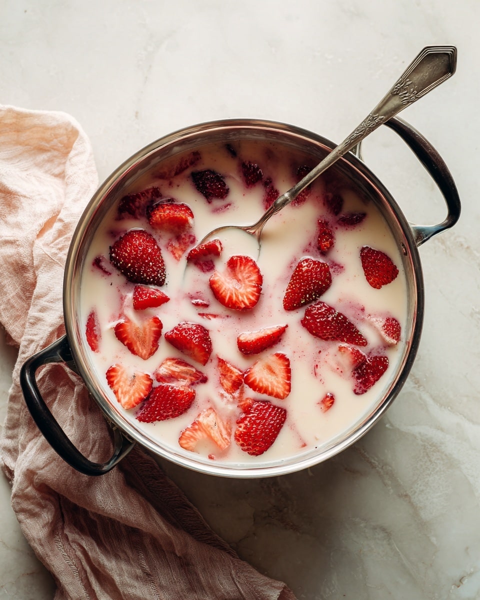 A silver cooking pot with black handles on each side, placed on a white marbled surface, filled with bright red strawberries partially covered in light creamy pink milk or sauce. A silver spoon rests inside the pot, with its handle angled to the right. The strawberries float in the creamy liquid, showing a mix of whole and sliced pieces, with a soft texture and vibrant color contrast. photo taken with an iphone --ar 4:5 --v 7
