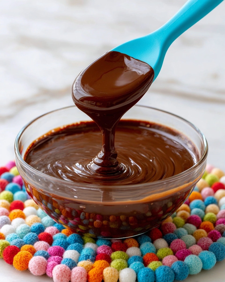 A clear glass bowl filled with smooth, shiny dark brown chocolate mixture that looks thick and rich. A blue spatula is lifting some chocolate from the bowl, with the chocolate slowly dripping back down, showing its creamy texture. The bowl is resting on a colorful round mat made of small fuzzy balls in different bright colors. In the background, a white marbled surface is visible under the bowl, giving a clean and bright look. photo taken with an iphone --ar 4:5 --v 7