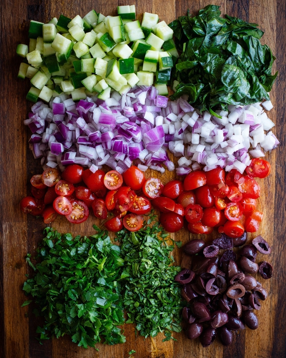 The image shows six layers of chopped fresh ingredients laid out in neat rows on a wooden cutting board. Starting from the top, the first layer is made of light and dark green chopped cucumber pieces. The second layer has small, diced purple and white onion pieces. The third layer shows dark green, leafy spinach leaves roughly chopped. The fourth layer has bright red cherry tomatoes, some whole and some sliced in half. The fifth layer consists of finely chopped green herbs, and the sixth and last layer at the bottom features dark purple olives sliced in halves with a few whole pieces scattered. The wooden texture of the cutting board contrasts with the bright colors of the vegetables. Photo taken with an iphone --ar 4:5 --v 7