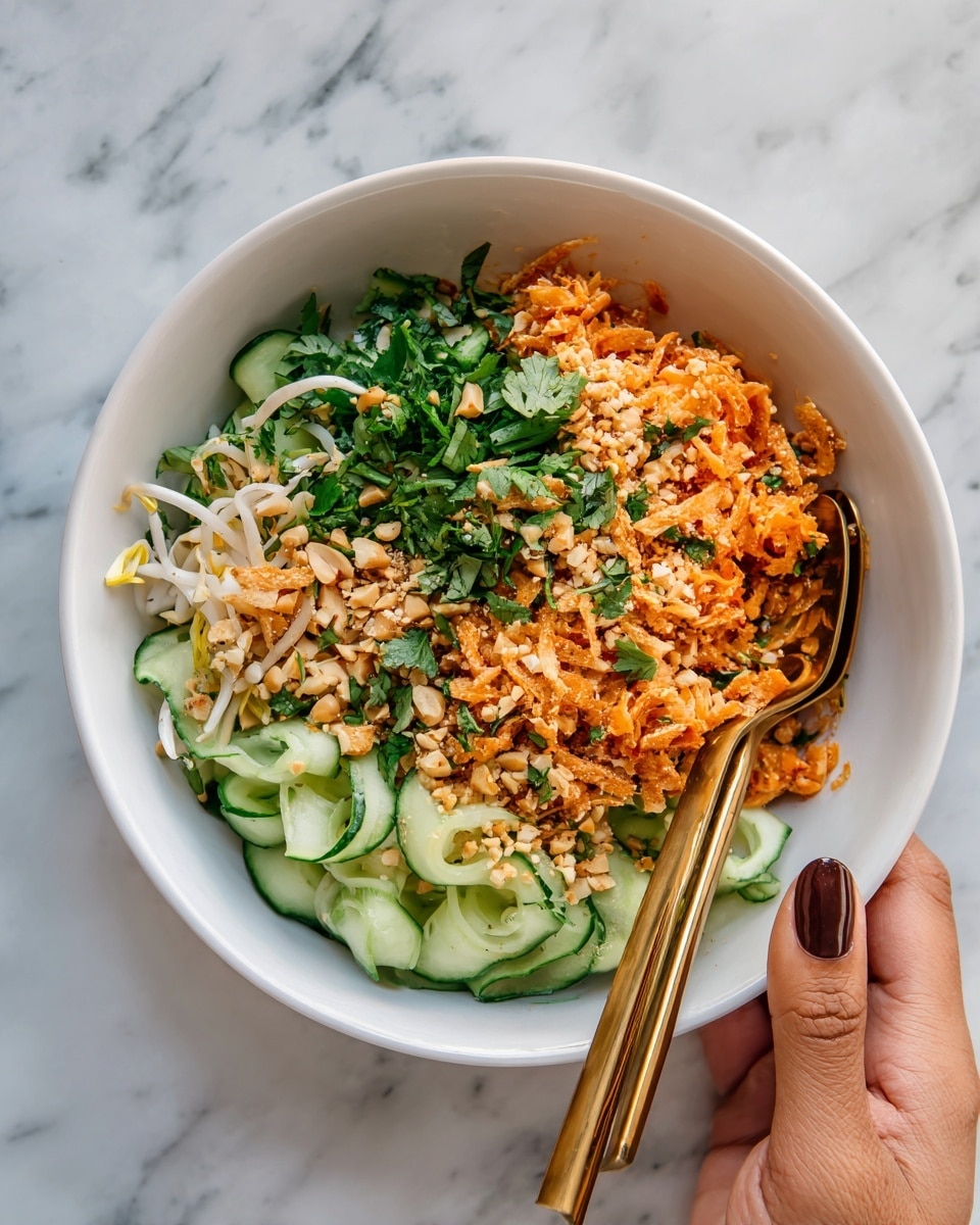 A white bowl filled with a layered dish starting with thin slices of light green cucumber at the bottom, topped with a mix of orange fried bits and chopped green herbs like cilantro. Scattered on top are tiny chunks of crushed peanuts adding a rough texture. Small golden-yellow bean sprouts peek through the layers, and two gold spoons rest inside the bowl. A woman's hand with brown nail polish holds the edge of the bowl against a white marbled surface. Photo taken with an iphone --ar 4:5 --v 7