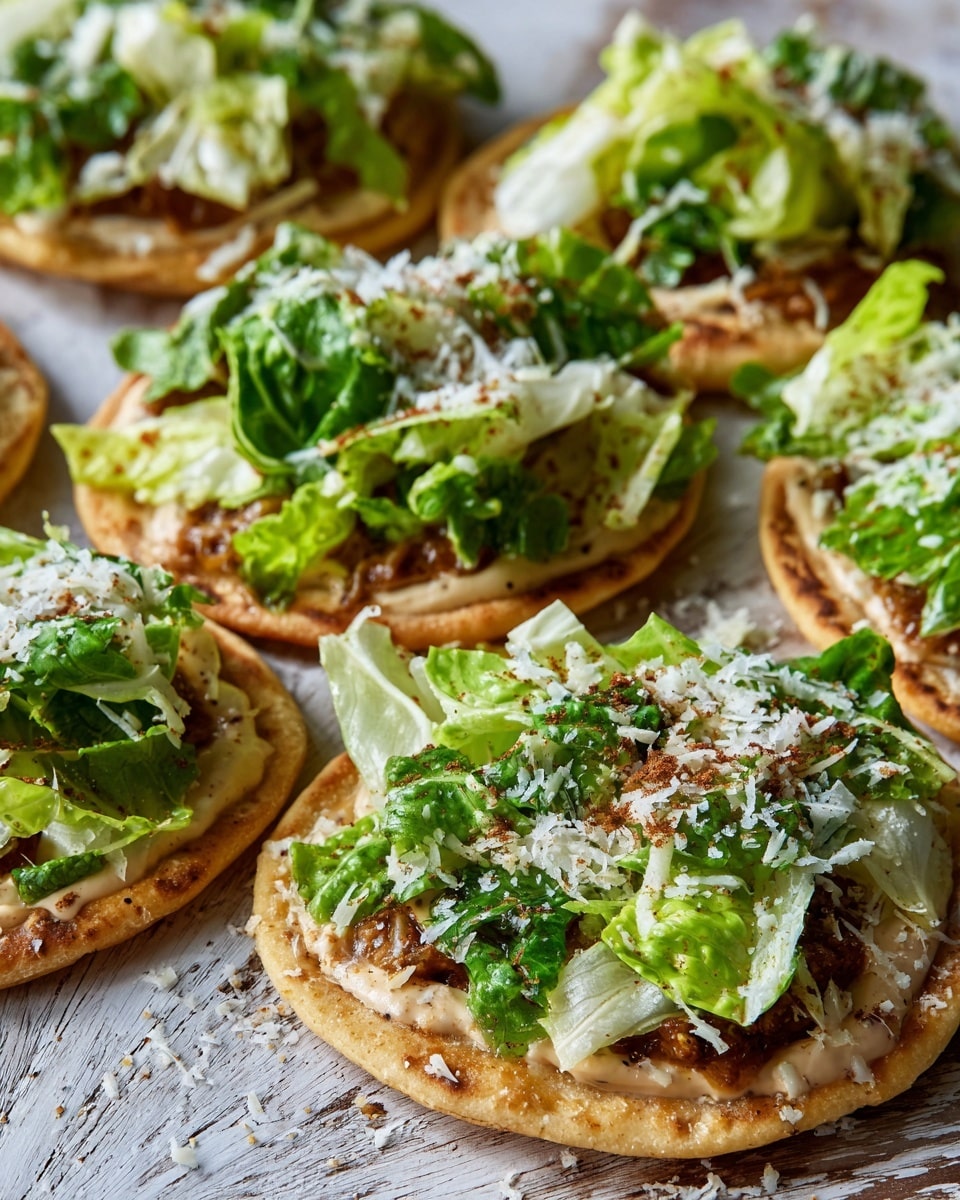 The image shows several small round flatbreads placed on a wooden surface with a white marbled texture. Each flatbread has three visible layers: a golden-brown flatbread base with a slightly crispy edge, a spread of creamy sauce in light brown color, and a pile of fresh, crunchy green lettuce leaves on top. The lettuce is bright green with a mix of crisp textures. The final layer is a generous sprinkle of finely grated white cheese and small bits of brown seasoning or crumbs scattered over the top, with some cheese shreds falling around on the surface. The scene is warm and inviting with a close-up view that shows the texture of each layer clearly. Photo taken with an iphone --ar 4:5 --v 7