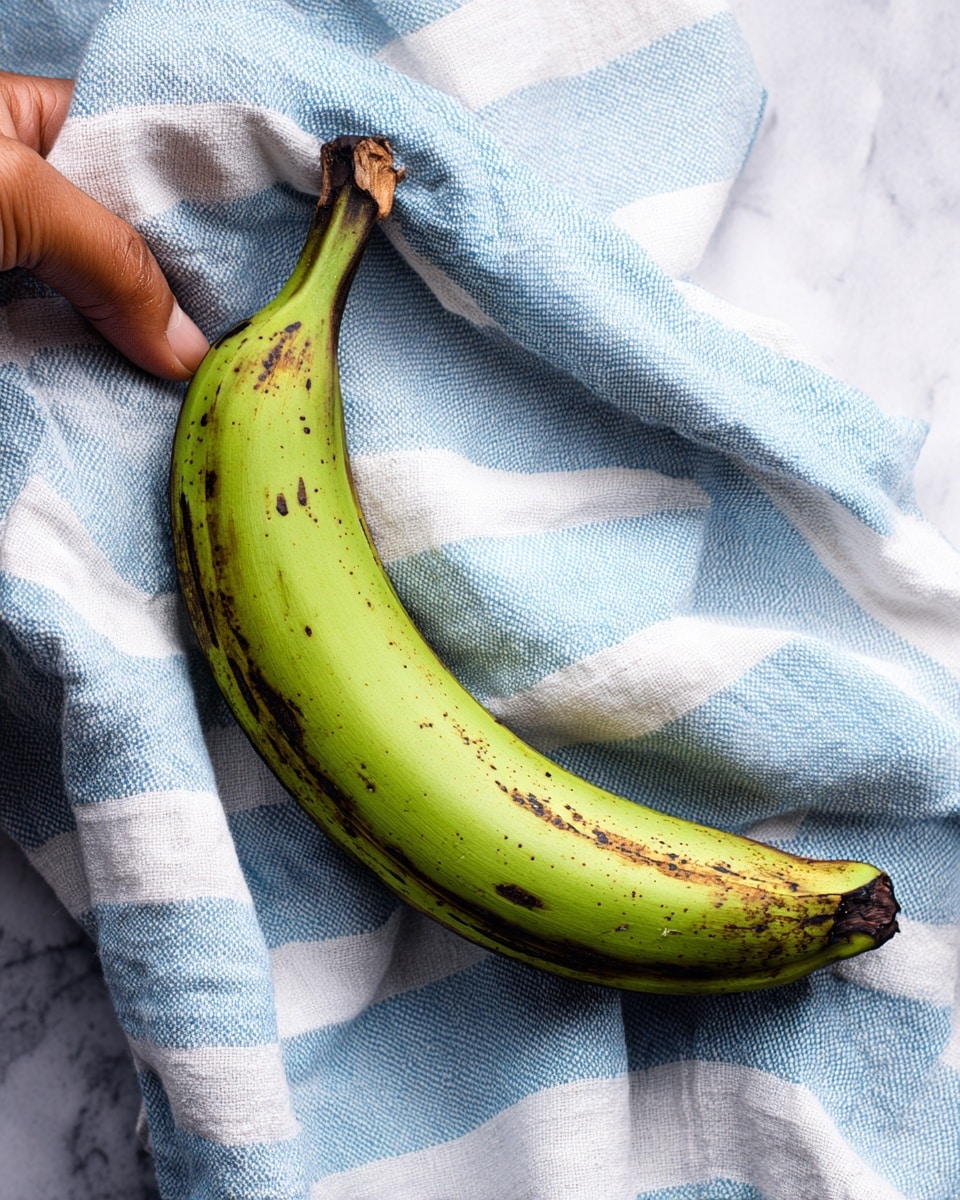 A single green plantain with small dark spots on its skin lies diagonally on a blue and white striped cloth, all placed on a white marbled surface. The plantain curves slightly, with its stem showing a dark brown tip. The textures of the plantain are smooth with some natural imperfections, and the cloth beneath adds a soft contrast with its woven pattern. photo taken with an iphone --ar 4:5 --v 7