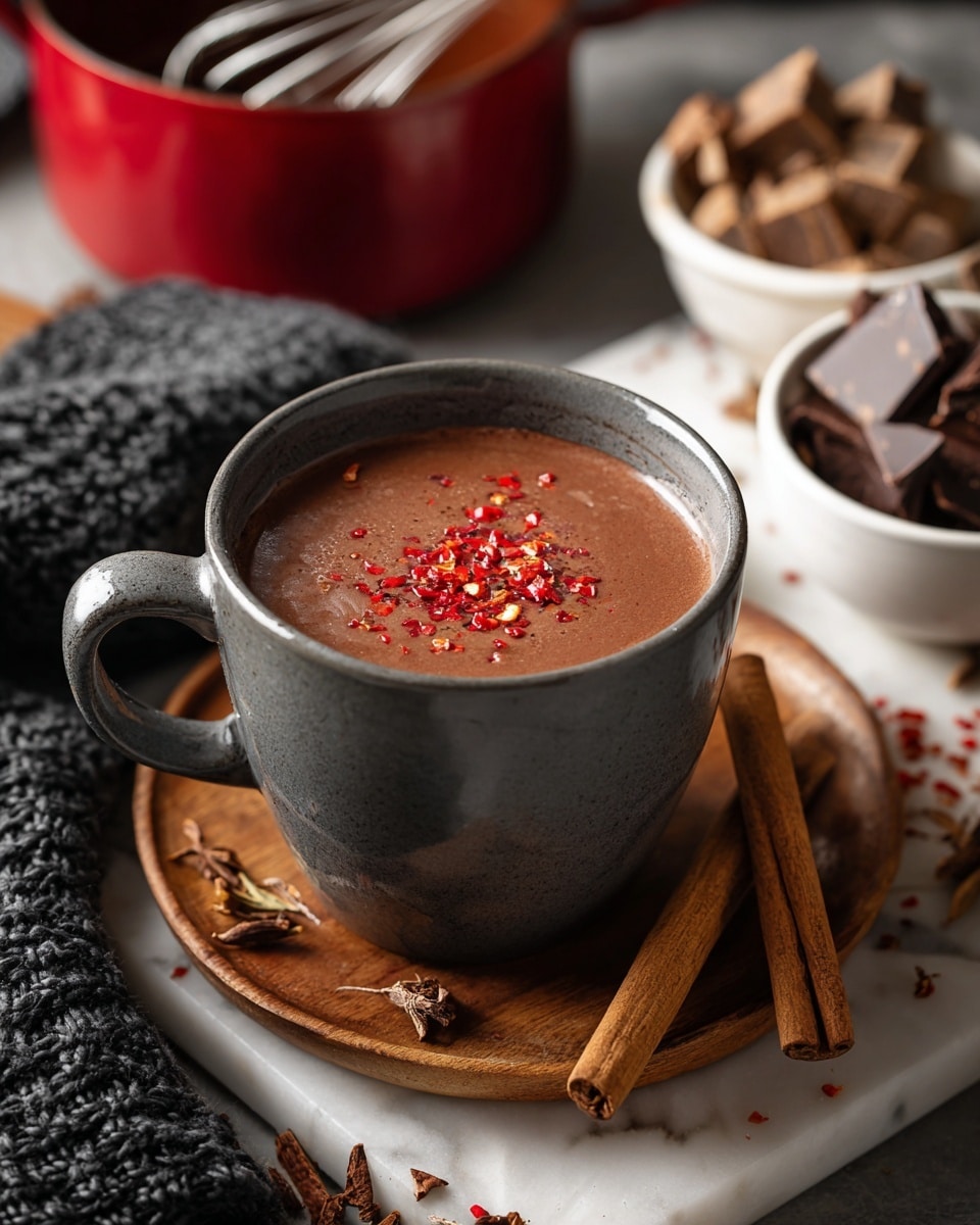 A dark gray mug filled with smooth, rich brown hot chocolate, topped with small red chili flakes, sitting on a wooden board with cinnamon sticks scattered around. In the background, to the right, there is a white marbled surface with a white bowl holding chocolate chunks and a cinnamon stick, and a red pot with whisk inside. A dark knitted cloth partially frames the left side of the image. photo taken with an iphone --ar 4:5 --v 7