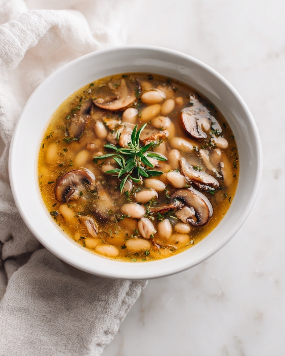 A white bowl filled with a thick soup showing three main layers: at the bottom is a yellowish-brown broth with a smooth and slightly oily texture; on top of the broth are plump white beans spread evenly; scattered around the beans are dark brown mushroom slices with a slightly wrinkled texture; fresh small green herb leaves are sprinkled on top adding bright contrast; a silver spoon rests inside the bowl on the right side; the bowl sits on a white marbled surface with part of a woman's hand holding a sprig of green herb visible near the bottom right corner of the image. photo taken with an iphone --ar 4:5 --v 7
