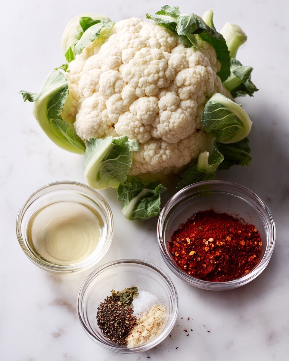 The image shows a whole cauliflower with green leaves around the white curd, placed on a white marbled surface. To the right of the cauliflower, there are three small clear glass bowls arranged in a rough triangle. The top bowl contains a clear liquid, the right bowl has red spice powder, and the bottom bowl holds a mix of white, black, and light brown spices together. The scene is bright and simple, with all items clearly visible on the white marbled background. photo taken with an iphone --ar 4:5 --v 7