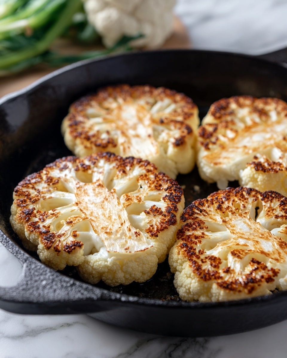 The image shows four thick slices of cauliflower, each with a creamy white center and golden brown edges, cooking in a black cast iron pan. The cauliflower slices have a mix of smooth and slightly rough textures with dark browned spots that show they have been cooked until crisp. The pan is round with a handle visible on the right side. In the background, some green vegetables can be seen blurred out. The whole setting is on a white marbled surface. Photo taken with an iphone --ar 4:5 --v 7