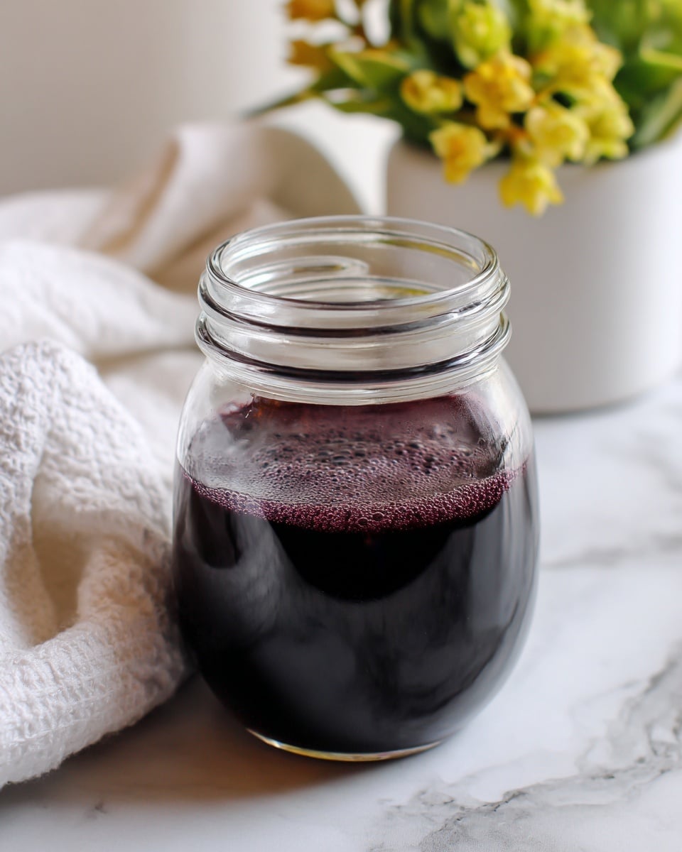 A clear glass jar filled with a dark purple liquid that reaches near the top but leaves some space; a thin layer of light foam rests on the surface of the liquid. The jar is placed on a white marbled surface with a soft out-of-focus background featuring a white cloth on the left and a white pot with green and yellow flowers on the right. The jar's texture is smooth and shiny, reflecting light softly. Photo taken with an iphone --ar 4:5 --v 7