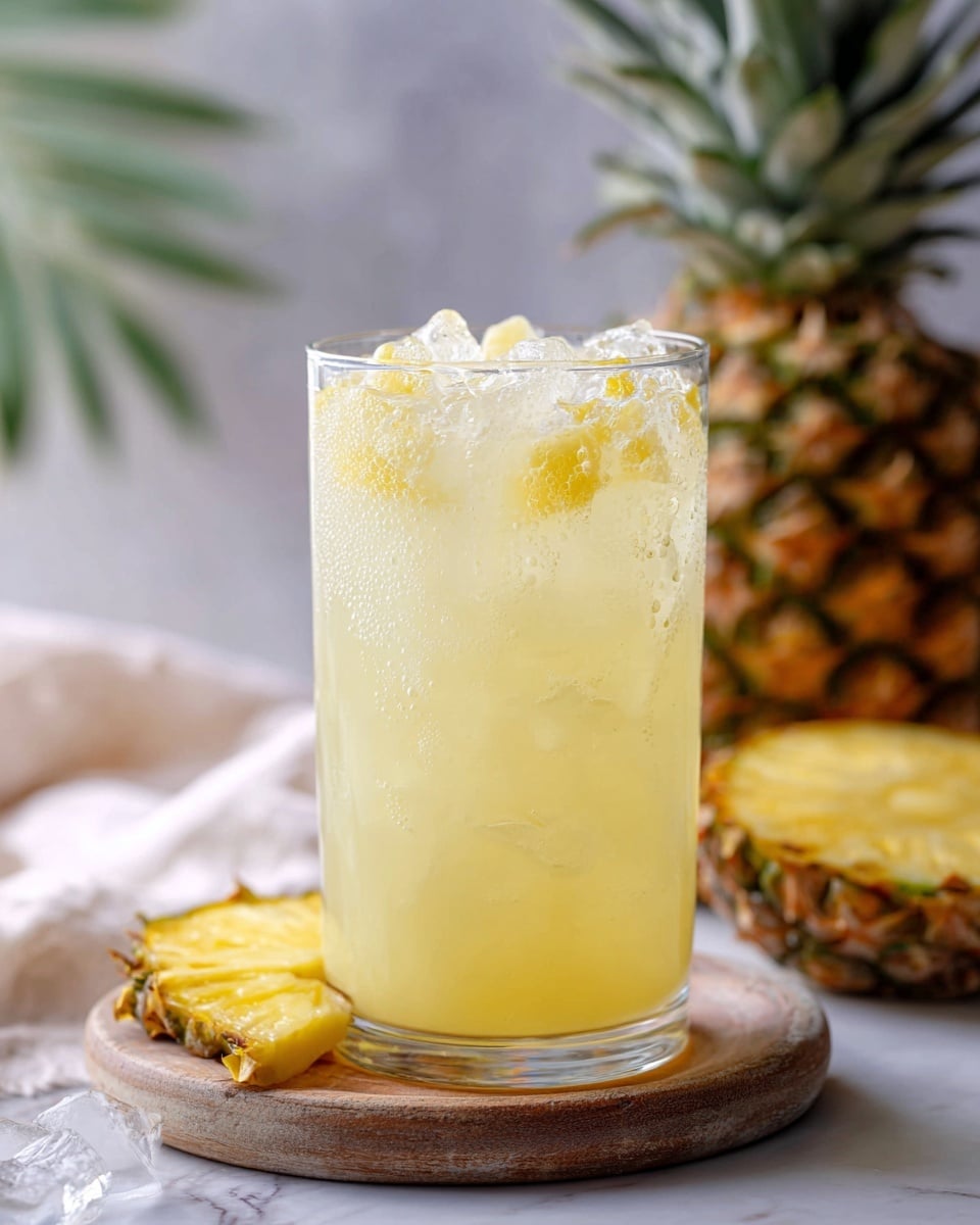 A clear glass filled with a pale yellow drink, showing ice cubes and small chunks of yellow pineapple throughout. The drink layers look slightly frothy and textured, with the ice cubes sitting on top glittering under the light. Behind the glass, there is a fresh pineapple on a white marbled surface, with a round slice of pineapple placed on a wooden board to the left. The setting has a soft, bright background, creating a fresh and tropical look. Photo taken with an iphone --ar 4:5 --v 7