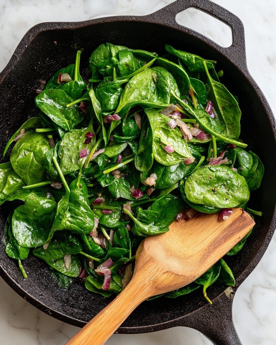 In a black cast iron pan with a slightly rough texture, there are several bright green fresh spinach leaves spread across the surface. Among the spinach, small bits of light pink onions and tiny pieces of red ingredients are mixed evenly. A wooden spatula with a smooth, light brown surface partially rests on the right side of the pan, with its edge touching some of the spinach and onions. The scene is set on a white marbled textured surface. photo taken with an iphone --ar 4:5 --v 7